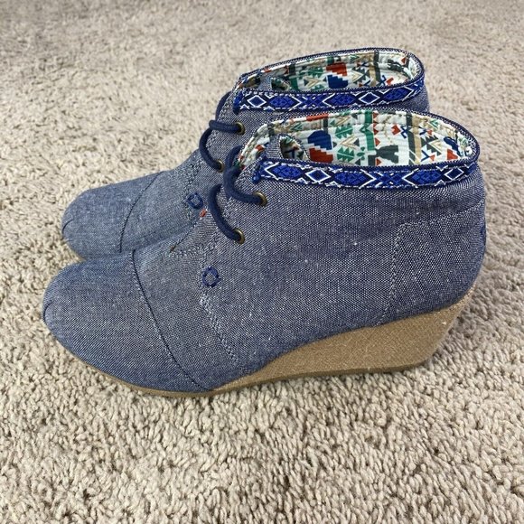Bobs by Skechers Memory Foam Denim‎ Lace Up Bootie Wedges Womens 8 - Picture 2 of 14